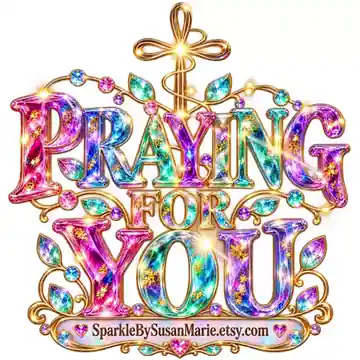 Animated GIF: Jeweled floral lettering 'PRAYING FOR YOU' with a cross, SparkleBySusanMarie watermark.