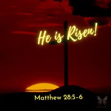 Animated GIF: 'He is Risen!' in glowing script, silhouette of a cross on a hill as the sun rises, 'Matthew 28:5-6'.