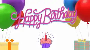 Animated GIF: 'Happy Birthday' script with cupcake and gifts, then 'MAY YOUR BIRTHDAY BE BLESSED IN EVERY MEANINGFUL WAY!'.