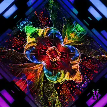 Animated GIF: Glowing kaleidoscope fractal flower in neon green, orange and blue.