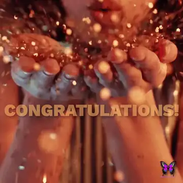 Animated GIF: Hands blowing gold glitter, text 'CONGRATULATIONS!'.