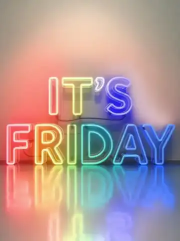 Animated GIF: Neon sign 'IT'S FRIDAY' cycling through rainbow colors with floor reflection.
