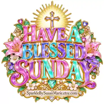 Animated GIF: Ornate floral sign 'Have a Blessed Sunday' with a cross and pink flowers.