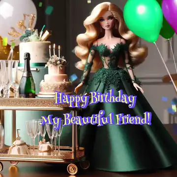 Animated GIF: Glam fashion doll in a green gown at a party with cake and balloons, text 'Happy Birthday My Beautiful Friend!'.