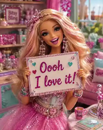 Animated GIF: Glam blonde fashion doll in a pink shop holding a sign 'Oooh I love it!'.