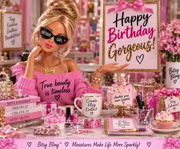Animated GIF: Glam blonde doll at a pink birthday party, 'Happy Birthday Gorgeous'.