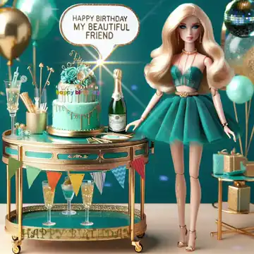 Animated GIF: Fashion doll in a teal party dress beside a teal birthday cake bar cart, speech bubble 'Happy Birthday my beautiful friend'.