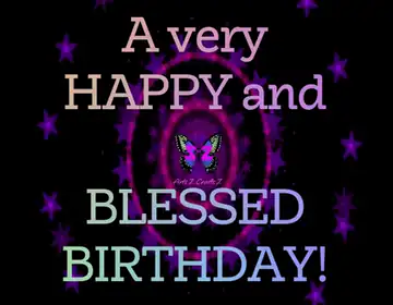 Animated GIF: Text 'A very HAPPY and BLESSED BIRTHDAY!' in pastel letters, purple butterfly logo, twinkling purple stars on black.