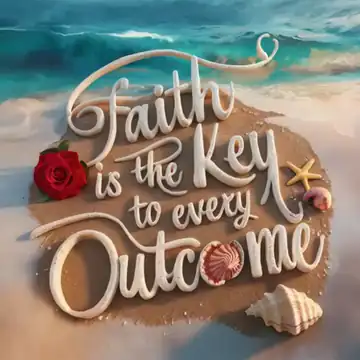 Animated GIF: 'Faith is the key to every outcome' written in sand with a red rose and seashells as waves wash in.