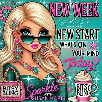 Animated GIF: Glam blonde doll with sunglasses and coffee, 'NEW WEEK NEW START What's on your mind today?', Bitsy Bling / Sparkle logos.