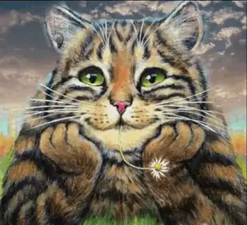 Animated GIF: Painted tabby cat with big eyes holding a daisy.