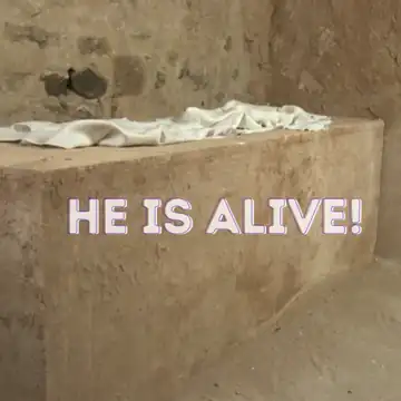 Animated GIF: Empty tomb linen cloth, text 'HE IS ALIVE! MARK 16:6'.
