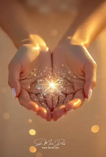 Animated GIF: Cupped hands holding a glowing golden sparkler of light.