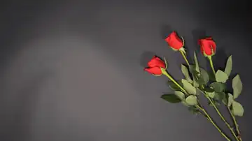 Animated GIF: Glowing red script 'Happy Anniversary' with red roses and drifting stars on grey.