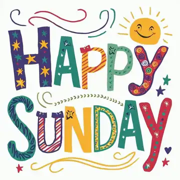 Animated GIF: Colorful hand-lettered 'HAPPY SUNDAY' with a winking smiling sun, stars and swirls.